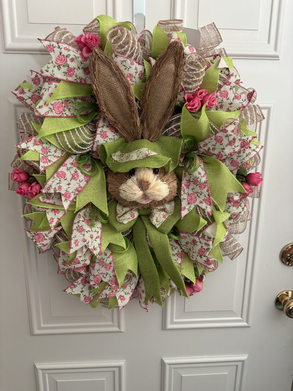 Spring Bunny Wreath - Green and Pink Holiday Door Decor